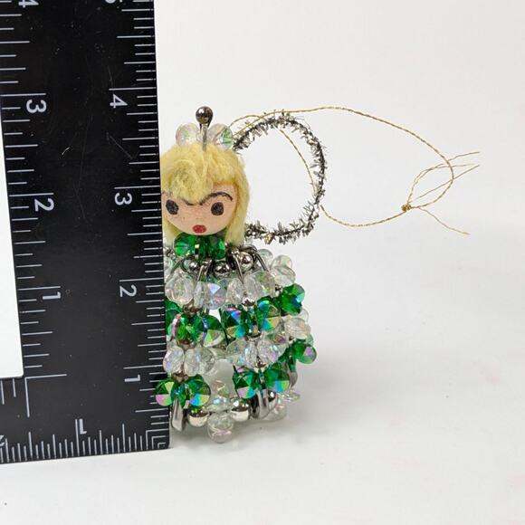 Vintage Beaded Christmas Ornament Cross Safety Pin Angel Green 90s Handmade OOAK - Picture 9 of 15